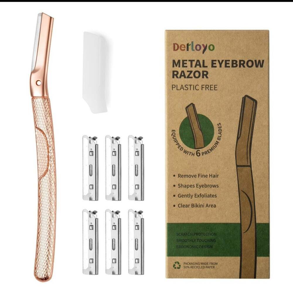Derloyo Metal Eyebrow Razor Dermaplaning Tool Rose Gold – 6 Blades – NEW